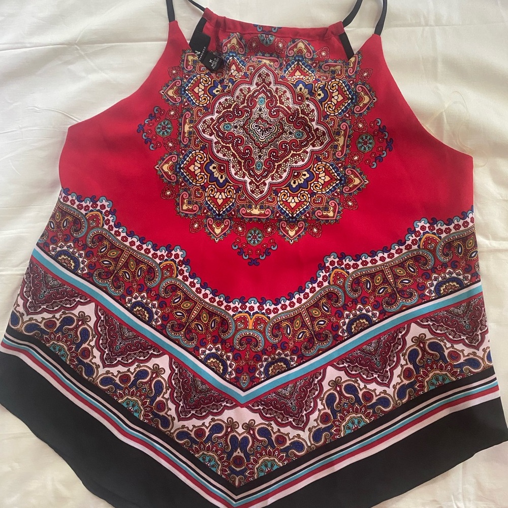 Red Asymmetrical Camisole with White Accents